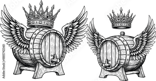 Winged crowned barrel icon set, fantasy sketch of royal wooden kegs with spigots - flat vector illustration