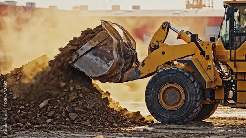 Heavy Equipment at Work Yellow Front-End Loader Moving Earth on a Construction Site, heavy machinery concept
