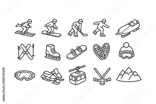 Winter sports icons: skiing, snowboarding, hockey, bobsled, and more.