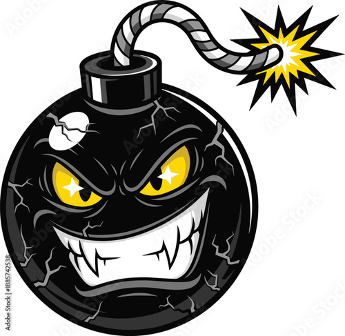 Cartoon bomb character with lit fuse, angry face and cracked surface, explosive danger symbol - flat vector illustration