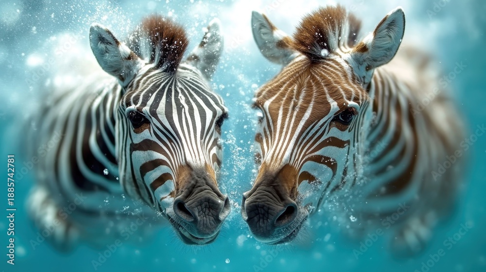 Fototapeta premium Two zebras gracefully swim together underwater, showcasing their unique stripes in a serene aquatic environment, capturing the beauty of wildlife and nature's wonders.