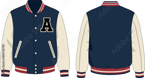 Varsity jacket front and back view technical fashion illustration classic letterman bomber college style outerwear vector apparel design isolated