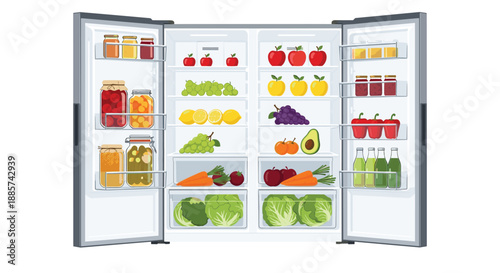 Spacious double-door refrigerator opened wide, revealing a meticulously organized and fully stocked interior with a colorful array of fresh fruits, vegetables, and beverages.