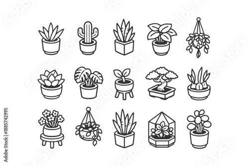 Collection of 16 minimalist potted plant illustrations in black and white.