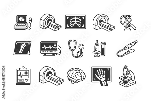 Medical equipment icons: mri, x-ray, microscope, stethoscope, brain.