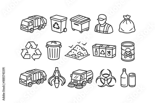 Waste management icons: garbage, recycling, hazardous materials, collection bins, sanitation workers.