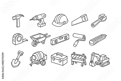Set of various construction tools and equipment icons in black and white.