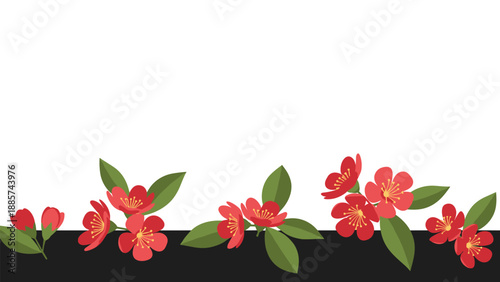 Animated red flowers with green leaves blossoming beautifully and spreading along a dark line on a clean white background.