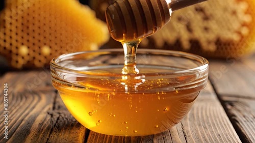 Golden Honey Dripping from Dipper into a Glass Bowl with Honeycomb Background, natural sweetener concept