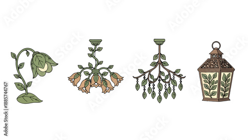 Stylized naturethemed decorative elements a floral plant two chandeliers with leaves and bellshaped blooms and an ornate lantern.