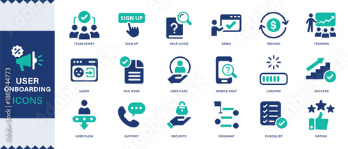 User onboarding solid vector icon collection, welcome, sign up, user guide, tutorial, UX, login,User Onboarding icon set for introduction, tutorials, walkthroughs and UX UI