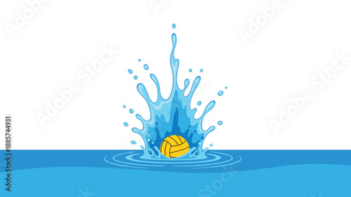 A yellow water polo ball creating a dynamic splash as it plunges into a body of blue water against a clean white background.