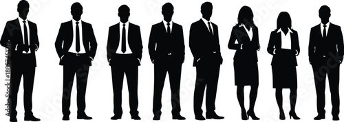 Business people silhouettes lineup showing professional men and women standing confidently together, representing corporate teamwork, leadership, diversity, and modern workplace culture