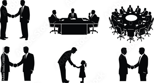 Business silhouettes set showing handshake, corporate meeting, boardroom discussion, partnership agreement, leadership, trust, teamwork concepts isolated on white background