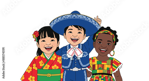 Joyful group of three children from diverse cultural backgrounds, wearing traditional attire from Japan, Mexico, and Africa, celebrating global friendship and unity.