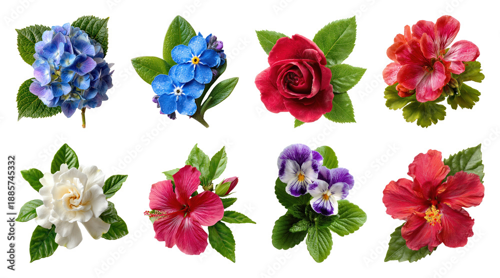 Fototapeta premium PNG Vibrant flowers with lush leaves, transparent background