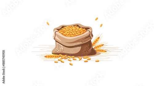 A small burlap sack filled with golden wheat grains, surrounded by scattered kernels and stalks, set against a white background.