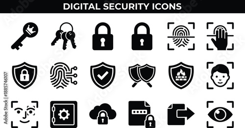 Digital security icons set featuring biometric fingerprint face recognition padlock and firewall shield symbols for cyber data safety vector illustration
