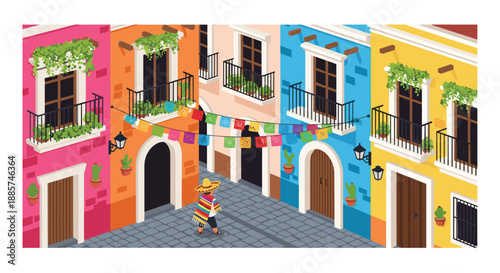 Enchanting narrow alleyway in a lively Mexican town, adorned with vibrant papel picado, where a person in a poncho and sombrero strolls, capturing festive culture.