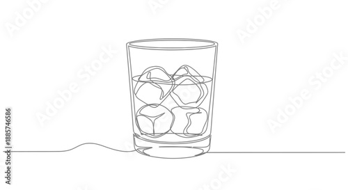 Minimalist single line drawing of a tall glass filled with ice cubes and water on a white background with a subtle wavy line