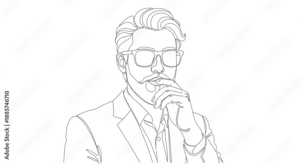 Obraz premium A thoughtful man wearing glasses and a suit with his hand to his chin in a sketch art style