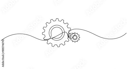 Abstract continuous line drawing of interlocking gears representing teamwork connection and mechanical engineering with a flowing wavy line