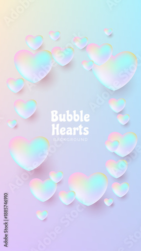 Vertical 3D Holographic Hearts Background for Social Media, Cyber Pastel Pearl Bubbles Template with Copy Space.