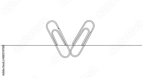 Two simple wire paper clips connected together forming a v shape on a clean white background with a thin horizontal line