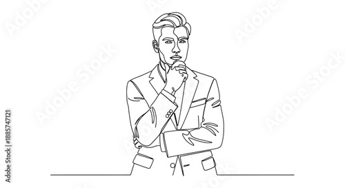 A thoughtful and pensive man in a suit stands with his hand on his chin contemplating a decision or problem