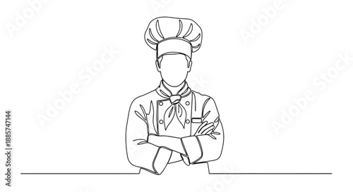 Elegant hand drawn line art illustration of a chef in a tall toque hat with arms crossed in a professional pose