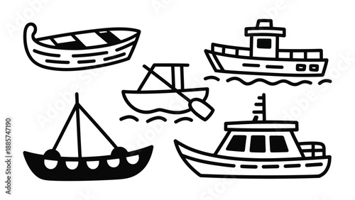 Navigational Array: A collection of various vessels, each a unique embodiment of maritime design, is arranged against a backdrop. Representing various boat and ship illustrations