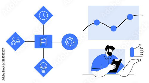 Business strategy, workflow optimization, data visualization, teamwork, decision-making, productivity. Icons showing gears, documents people and charts. Workflow optimization and data visualization