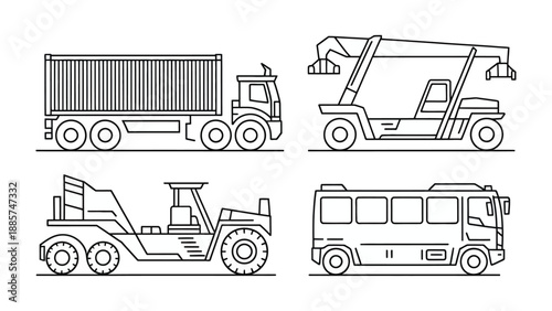Heavy Equipment and Transportation Line Art: A set of meticulously crafted line art illustrations showcasing various modes of heavy transportation, highlighting their functionality and design.