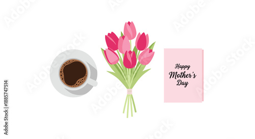 Thoughtful Mother's Day ensemble featuring a warm cup of coffee, a fresh bouquet of pink tulips, and a heartfelt greeting card, celebrating maternal love and appreciation.