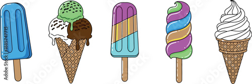 Colorful illustration of assorted ice cream treats on a white background
