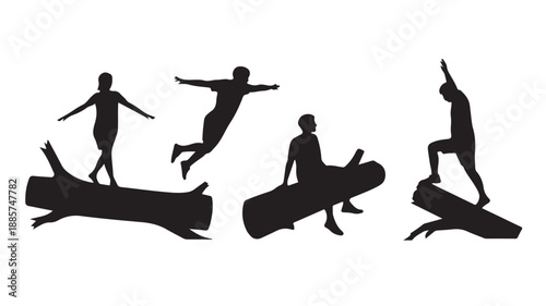 People Silhouettes Surfing on Logs in Various Poses Isolated on White