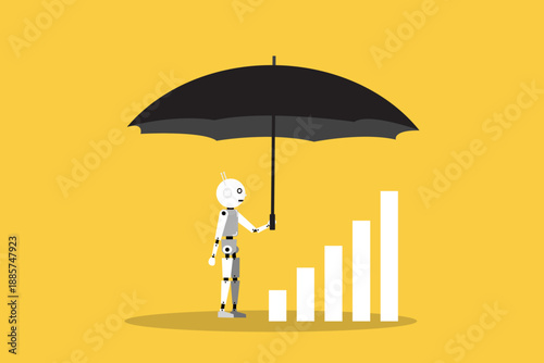 Robot holding a large umbrella over a rising bar graph, symbolizing AI financial protection, security, and stable growth