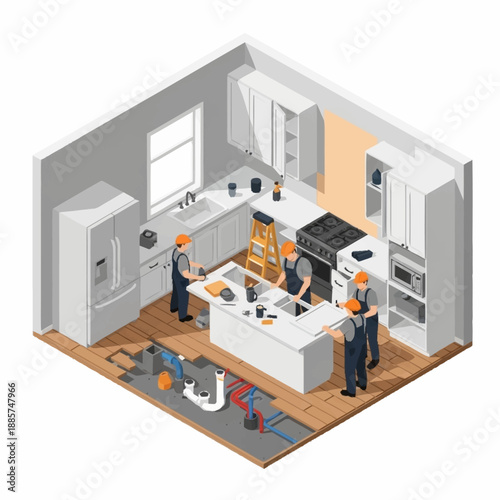3D Isometric Kitchen Renovation Workers Scene.