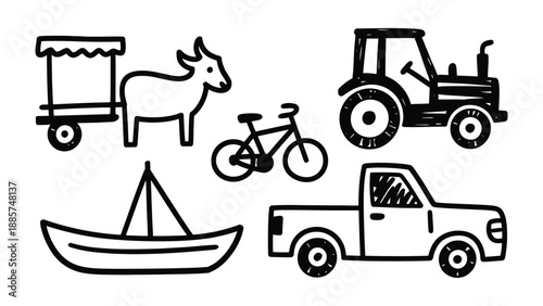 Doodle Transport Icons: A collection of simple, hand-drawn icons representing various modes of transportation. 