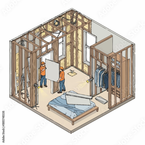 Construction Site with Workers and Framing.