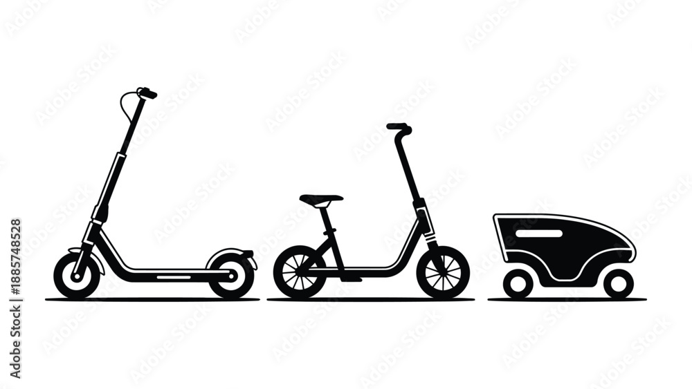 Φωτογραφία Modern Scooter Trio Silhouette: A minimalist, high-contrast silhouette presents a contemporary trio of scooters, each designed for urban mobility