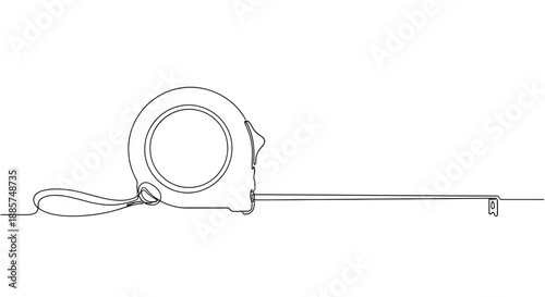 Simple line art drawing of a retractable measuring tape tool extended for measurement against a white background
