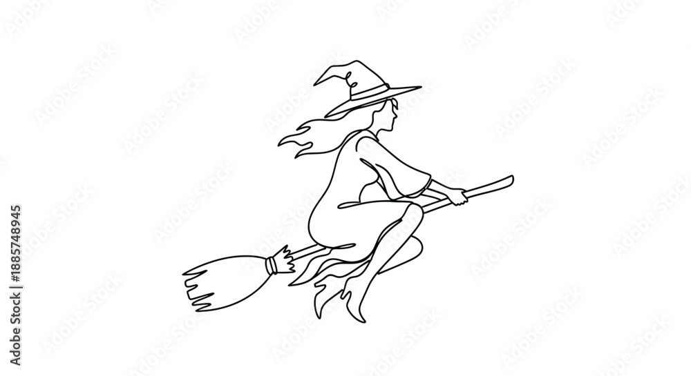 Fototapeta premium A classic black and white line drawing of a beautiful witch with long flowing hair riding a broomstick through the night sky