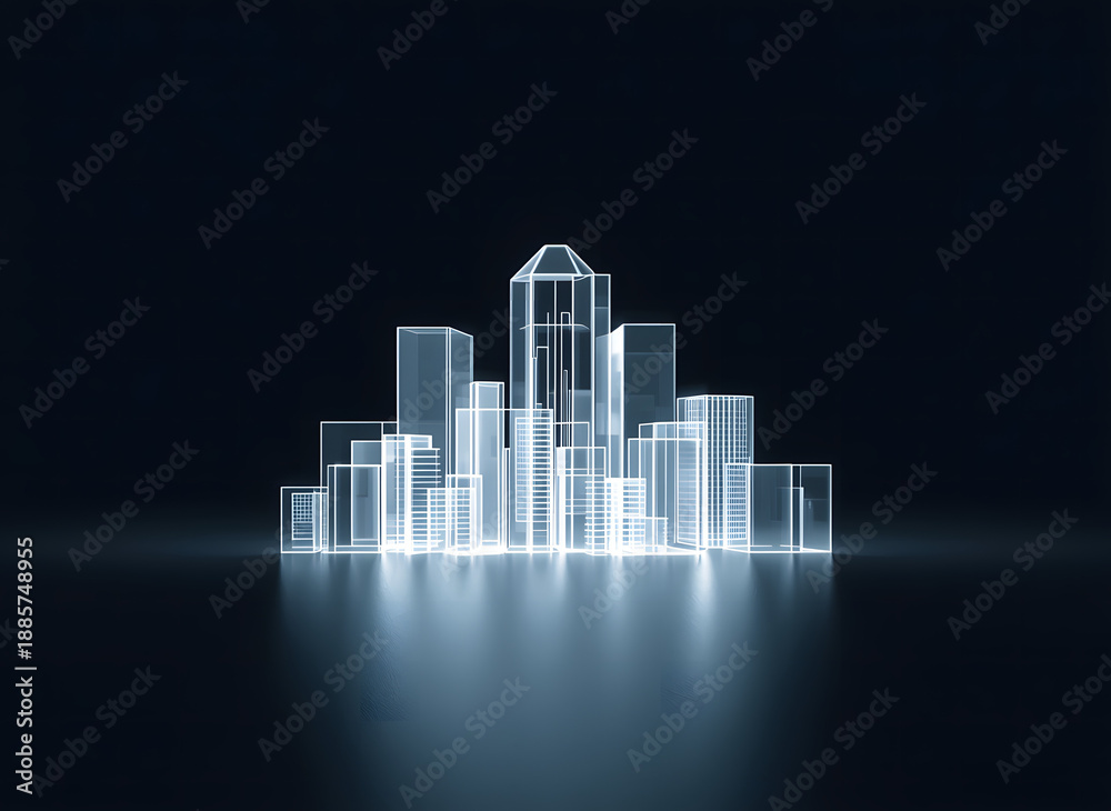 Fototapeta premium Futuristic Digital City Skyline on Dark Background – Technology and Smart City Concept