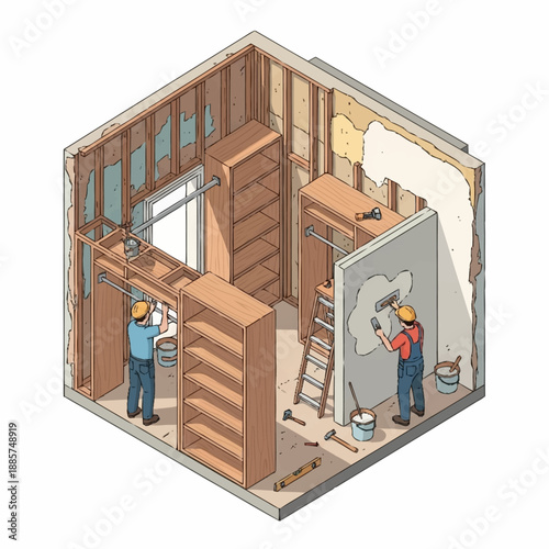 Construction Workers Renovation Project Inside Building.