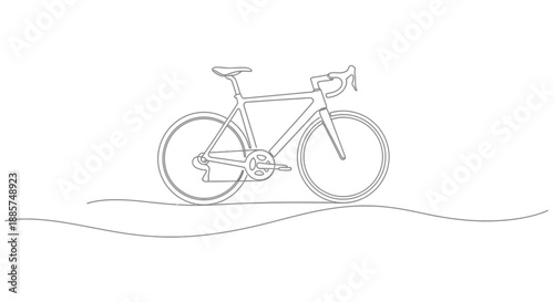 Minimalist line art drawing of a sleek road bicycle with thin wheels and drop handlebars on a simple wavy ground line