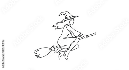 A classic black and white line drawing of a beautiful witch with long flowing hair riding a broomstick through the night sky