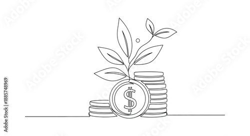 Continuous line drawing of a sprouting plant growing from a stack of coins symbolizing financial growth and investment concept