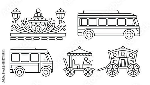 Classic Transport Design Set: A captivating array of line-art illustrations showcasing the evolution of transportation, from vintage carriages to modern buses.