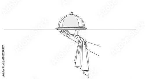 Elegant illustration of a waiter holding a covered dish above a table suggesting fine dining and culinary service